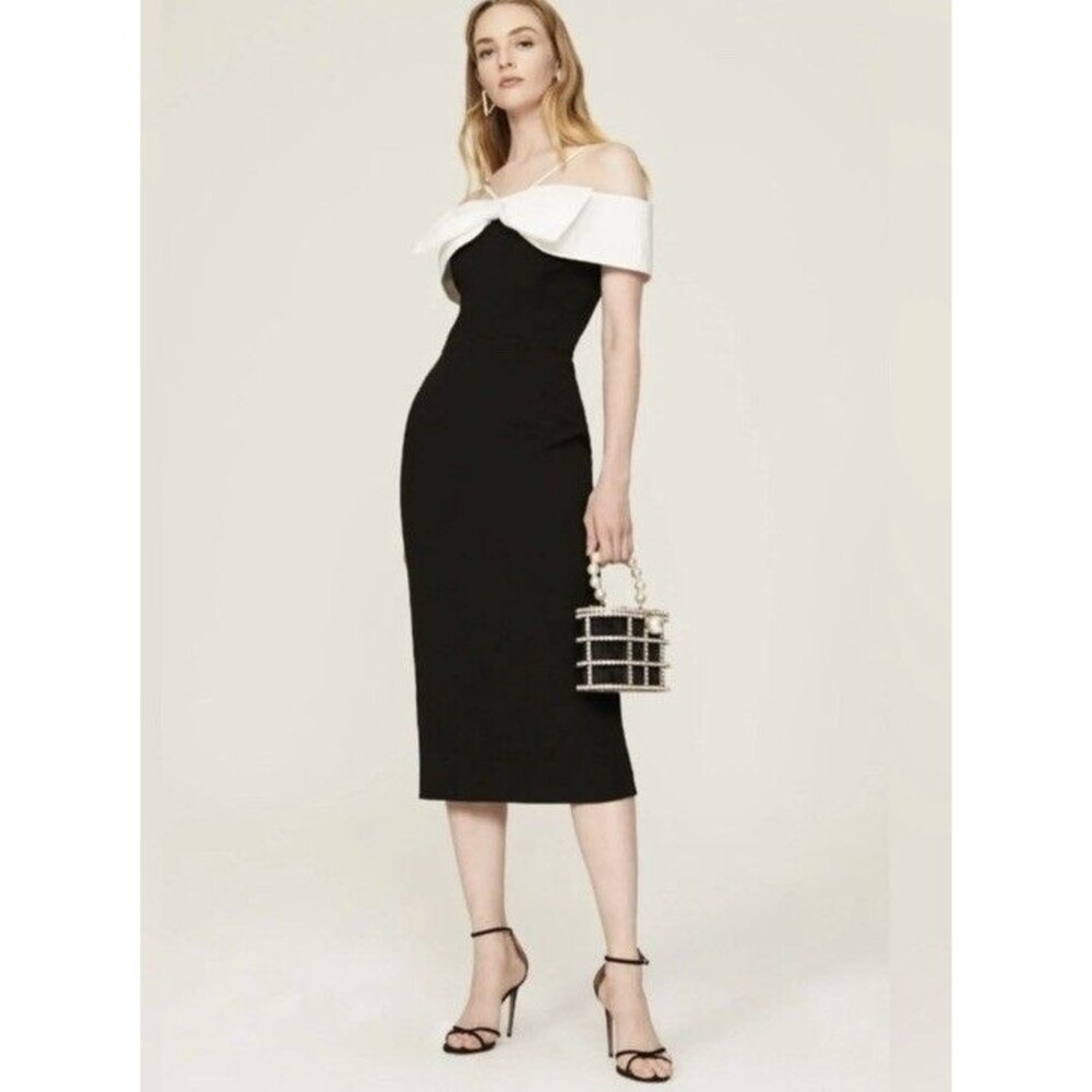 Rebecca Vallance Hepburn Bow Midi Dress US 4 Black White Off Shoulder Sheath
